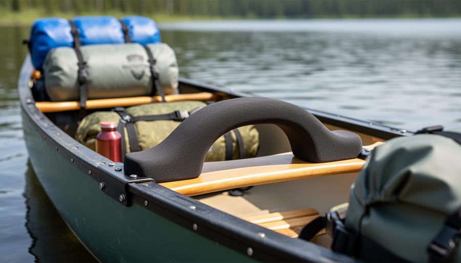 Contoured foam portage yoke resting on a loaded canoe at an Ontario canoe dock
