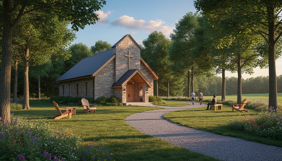 Stone chapel exterior along a garden path with golden light