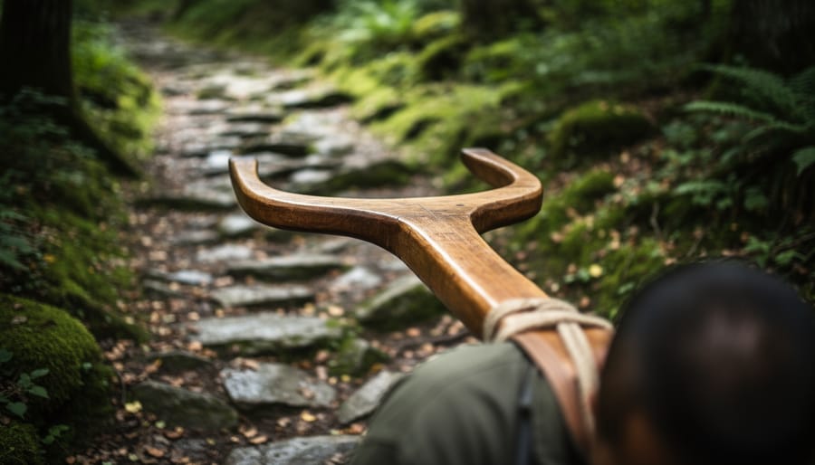 Close-up of a curved wood portage yoke over a canoe on a rocky Ontario portage trail