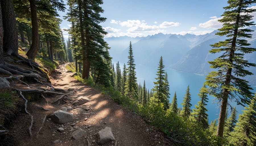Hiker on a steep rocky trail overlooking Buntzen Lake from a viewpoint
