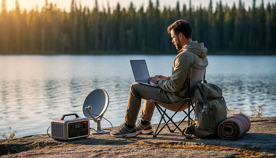“Digital nomad working on a laptop at an Ontario lakeside campsite with a portable power station and satellite connectivity gear nearby, surrounded by pine trees and calm water.”