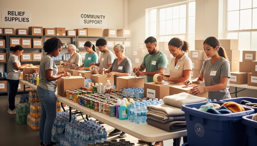 Volunteer organizing donated supplies at a community disaster recovery center