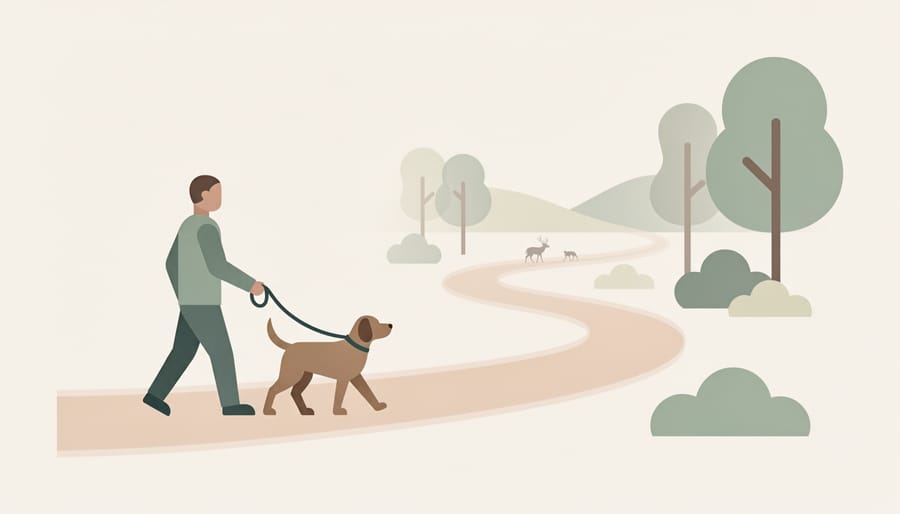 Leashed dog and owner on a Buntzen Lake trail with the lake visible through trees
