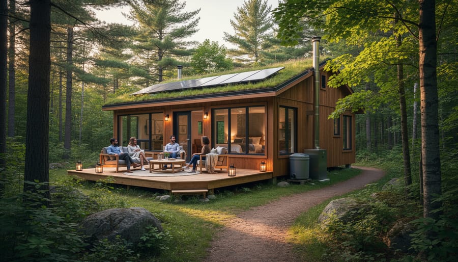 Eco-lodge exterior made of wood and stone surrounded by evergreen forest at golden hour