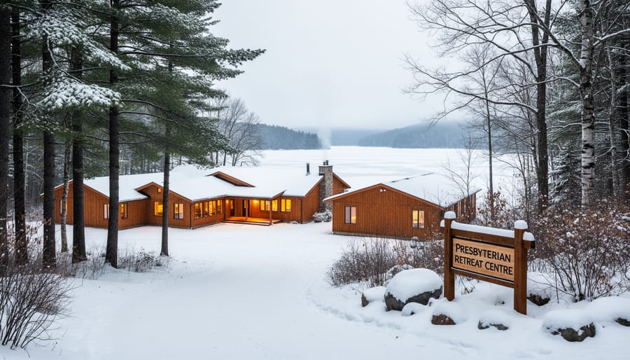 Winter retreat lodge surrounded by evergreen trees and snow