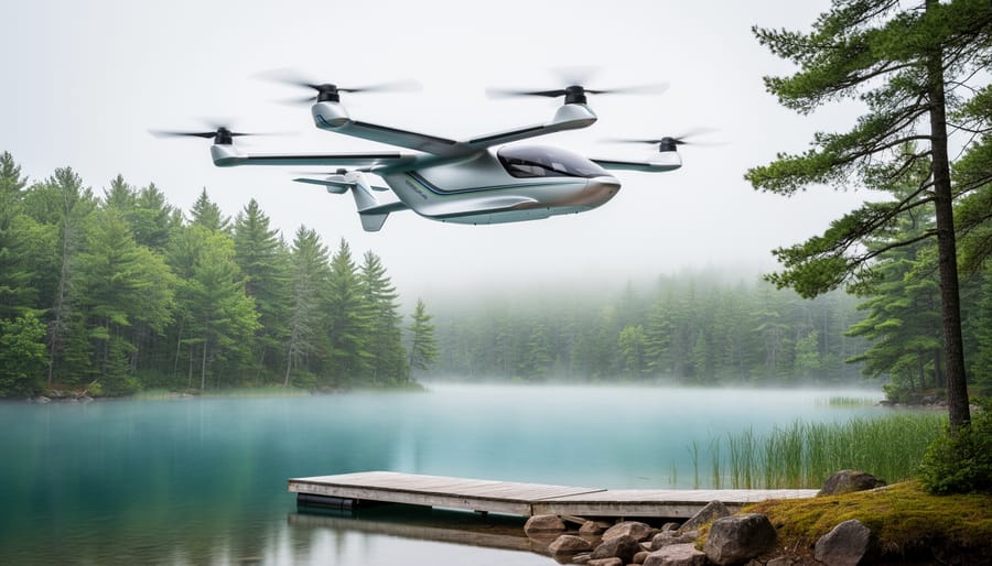 Electric vertical takeoff and landing aircraft hovering over a Northern Ontario forest lake with misty pine trees in the background.