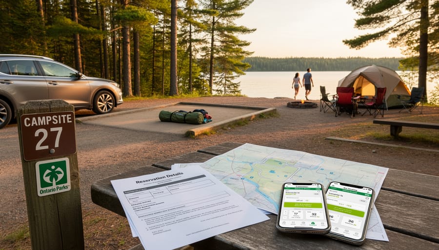 Empty campsite in an Ontario provincial park with tent and vehicle in warm golden light