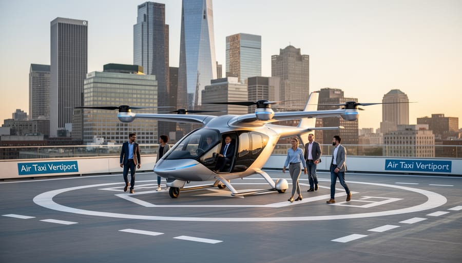 An electric air taxi (eVTOL-style aircraft) parked on a vertiport landing pad at sunrise.