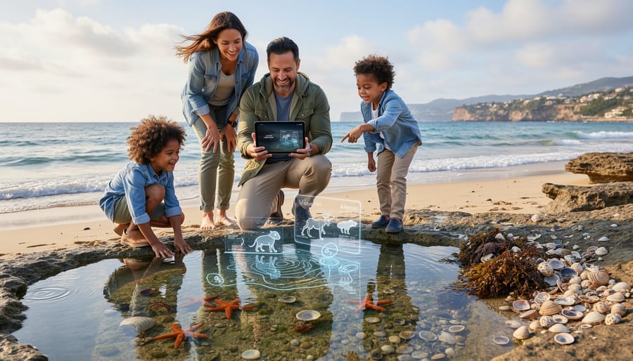 A family using a tablet near a lakeshore rock in Ontario.
