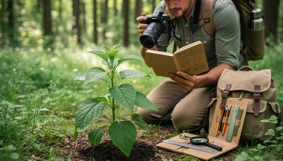 Field journal, hand lens, and smartphone placed on a park bench alongside leaves and seedpods for plant identification notes.