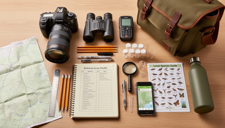 A notebook, pencil, binoculars, and hand lens arranged on an Ontario forest floor