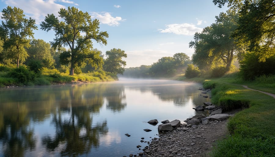Riverside path beside calm water with greenery and soft morning light