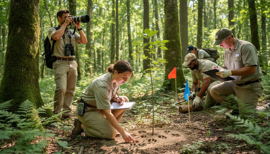 Volunteer kneeling in a forest inspecting leaf litter near a wildlife camera trap