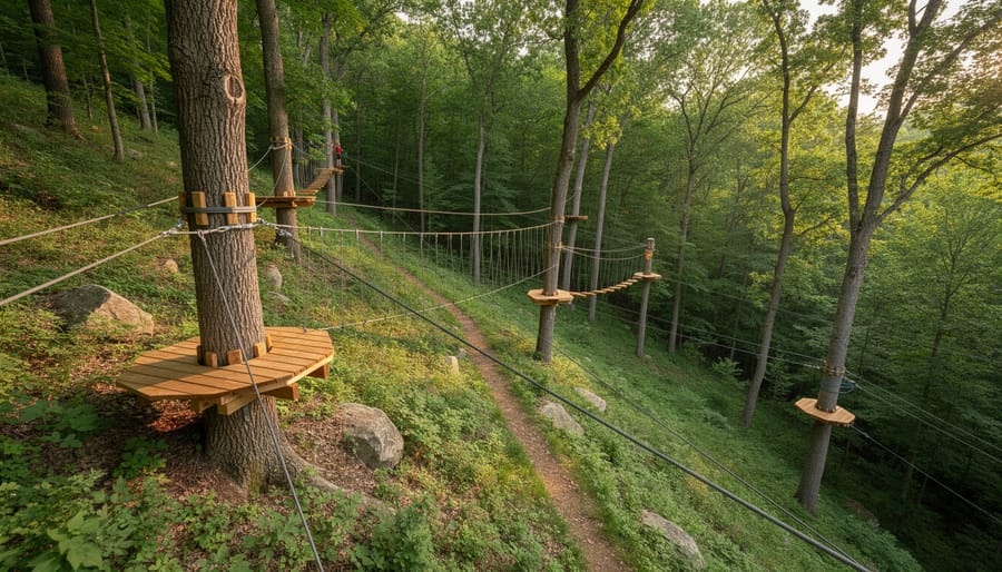 Zipline cable stretched between tall trees in a forested aerial adventure course.