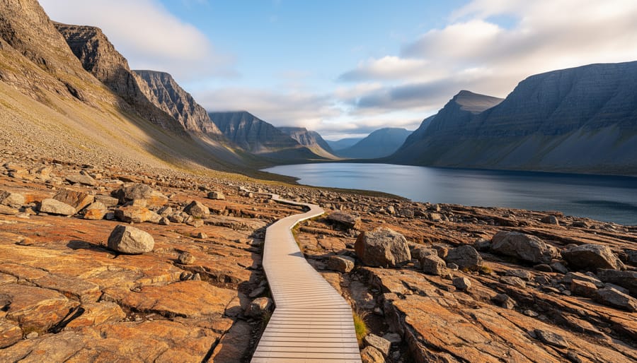 Rocky Tablelands terrain with a hiking path leading toward fjord views in Gros Morne National Park