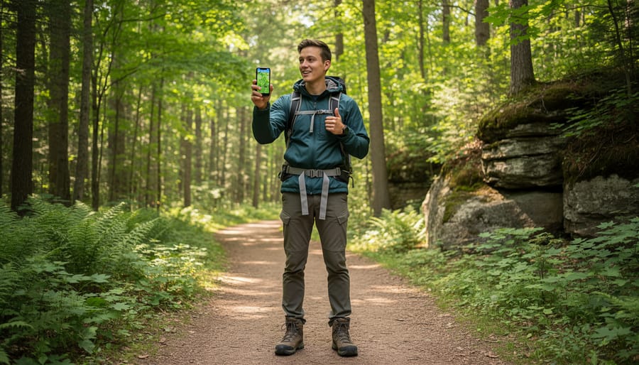 A hiker standing on a forest trail in Ontario holds a smartphone toward nearby trees.