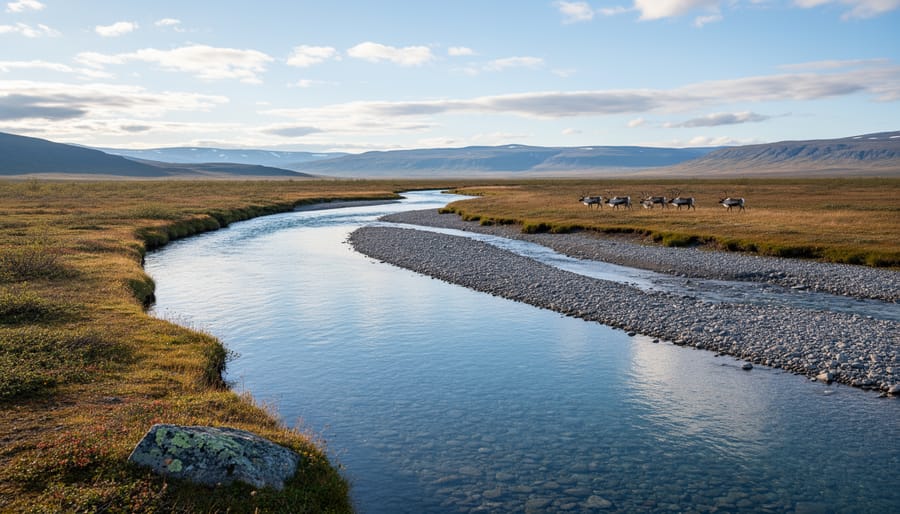 Caribou silhouettes near a river in Ivvavik National Park under overcast Arctic light