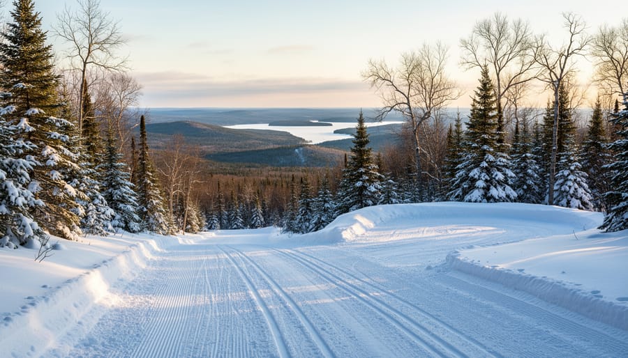 Two snowmobiles parked on a groomed snowy trail with a scenic lake view in Michigan’s Keweenaw Peninsula.