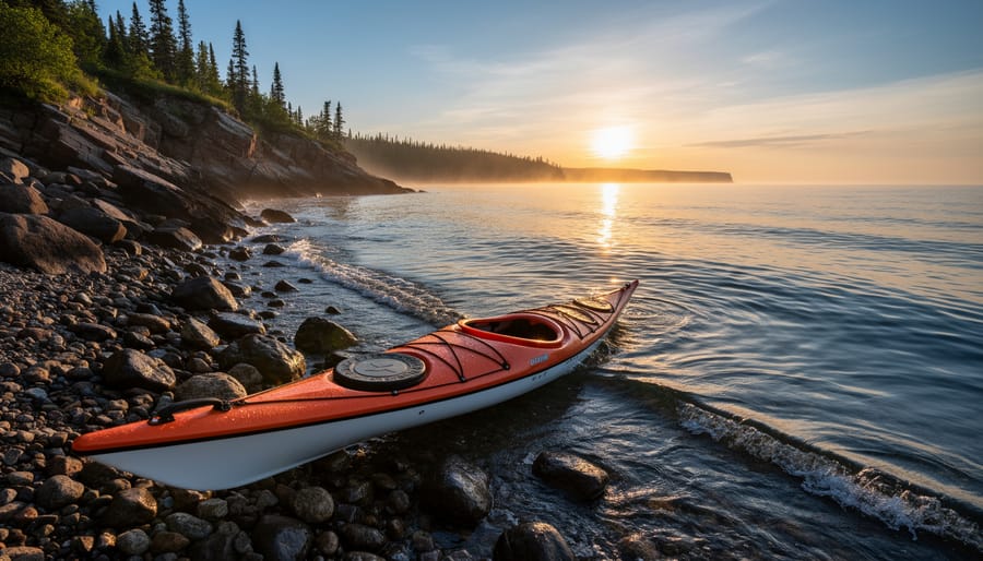A sea kayak near rocky Lake Superior shoreline during sunrise with a paddler preparing on wet stone.