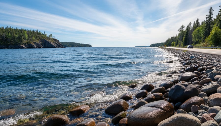 Snow-covered trail beside icy Lake Superior with rocky shoreline and distant horizon.