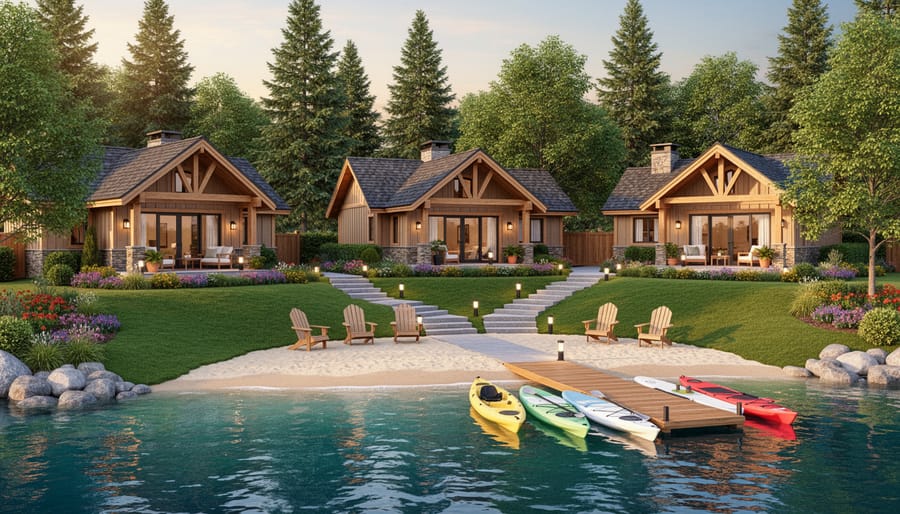 Cottage-style cabins and dock by a calm lake at golden hour