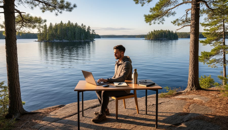Digital nomad working on a laptop outdoors at a lakeside picnic table with a canoe in the background