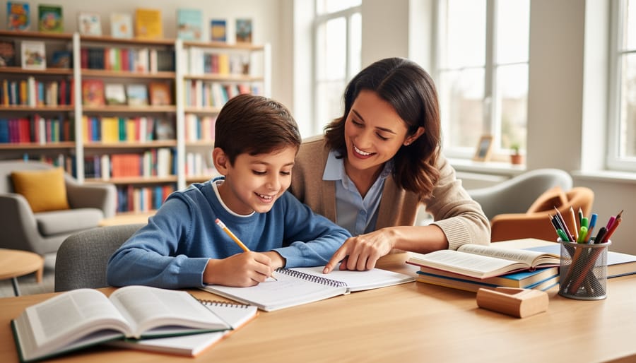 Volunteer tutoring a student during a literacy session with books and pencils