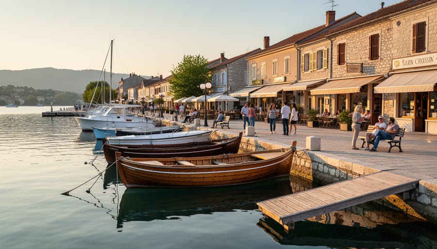 Moored wooden boats along a stone waterfront with a distant village shoreline