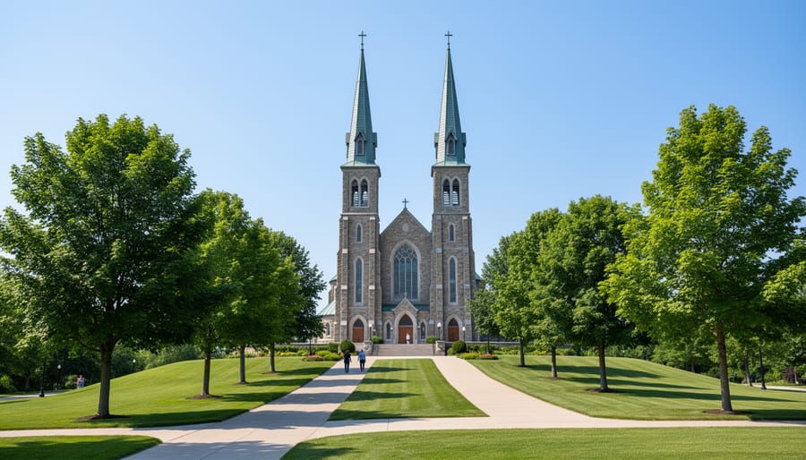 Martyrs' Shrine twin spires and entrance with landscaped grounds in Midland, Ontario