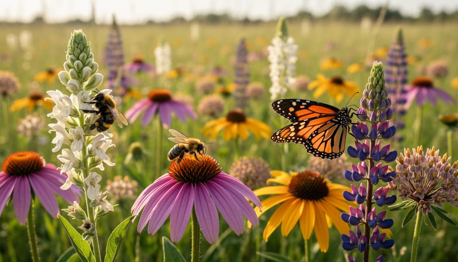 A native bee and butterfly visiting wildflowers in a sunlit meadow edge in Ontario