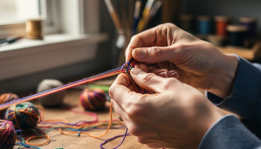 A craftsperson’s hands finger-weaving yarn on a small wooden loom.