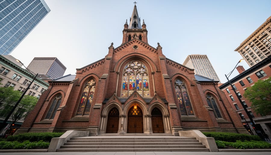 Metropolitan United Church facade and arched windows in downtown Toronto