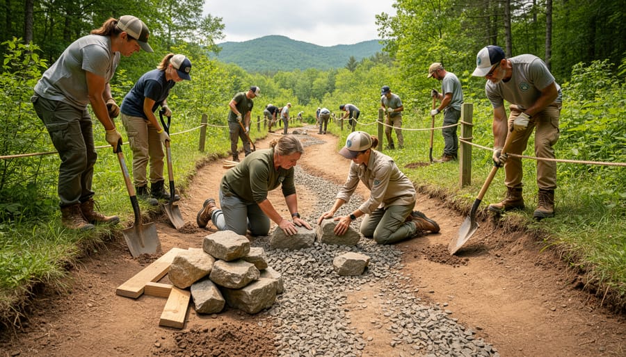 Volunteers repairing an eroded hiking trail by placing stones along the path
