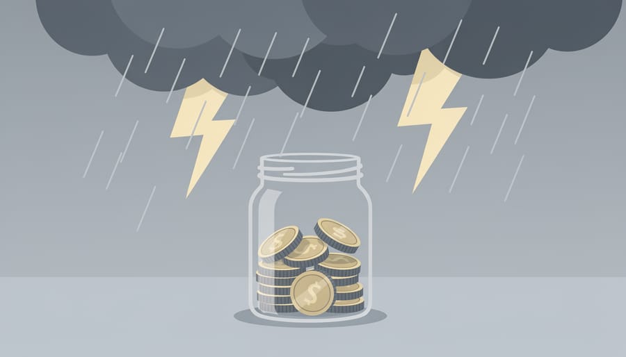 Close-up of coins in a jar beside an umbrella under stormy light