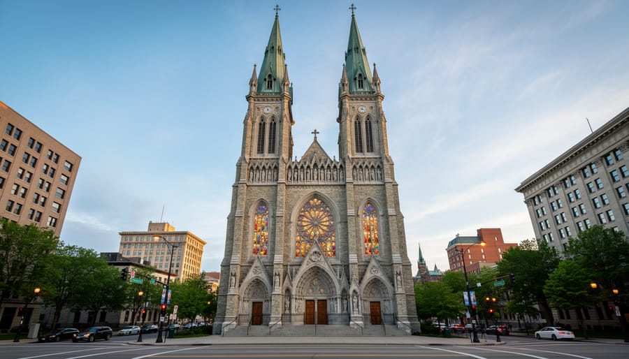 Notre-Dame Cathedral Basilica Gothic facade and stained-glass windows in Ottawa