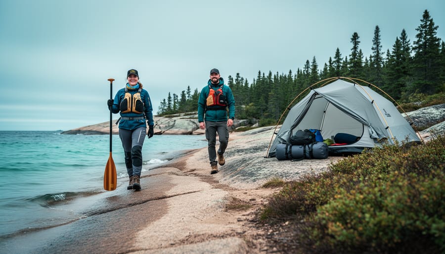 Low-angle wide shot of adventurers outdoors in Ontario, featuring a canoe near the shoreline, hikers on a rocky trail, and a camping atmosphere in cool blue-green wilderness light.
