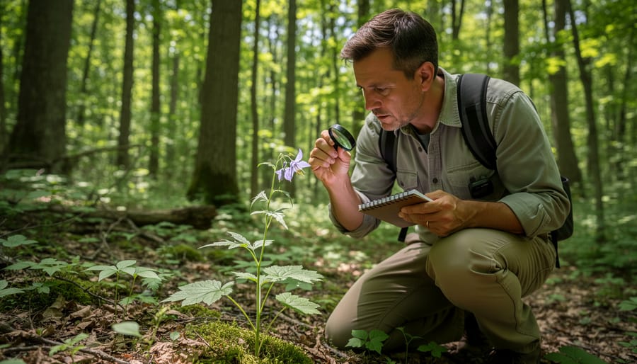 A botanist kneeling in an Ontario forest understory examining a native wildflower next to ferns and trees.