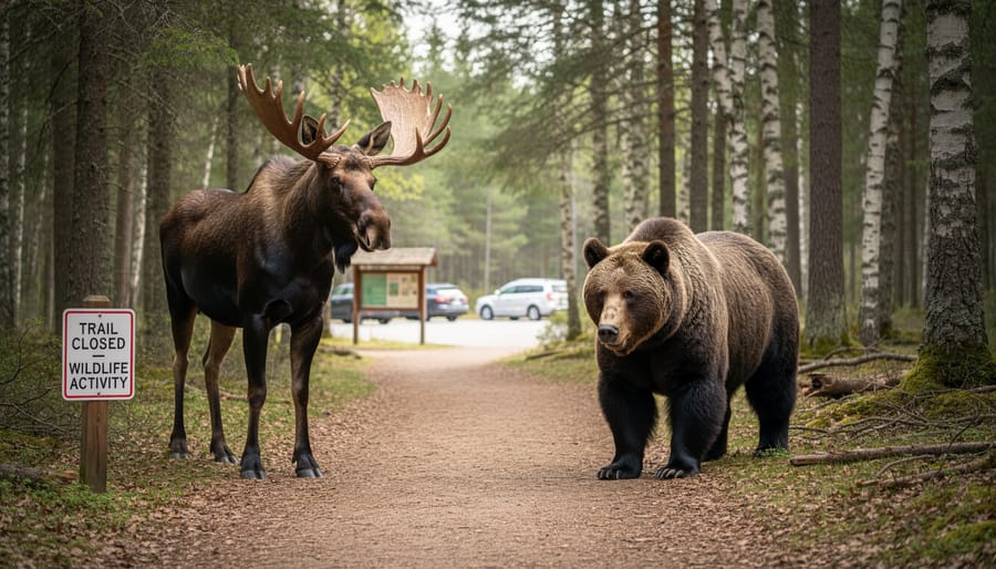 Moose and bear visible in a misty forest near a trail in Ontario