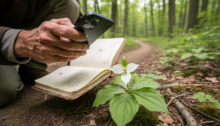 A person kneeling on an Ontario trail, photographing a native wildflower with a smartphone while using a field notebook for plant identification.