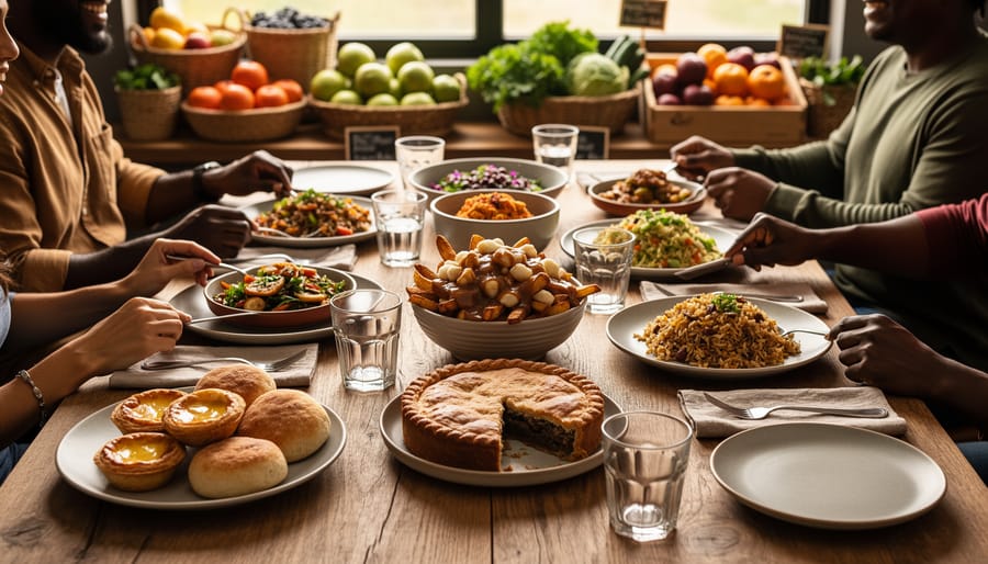 People reaching toward a shared table filled with butter tarts, bannock, tourtière, and poutine, representing Canada’s diverse food culture in Ontario.