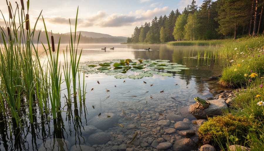 Canoe resting on a sandy Ontario lake shore with aquatic plants along the water’s edge at dusk
