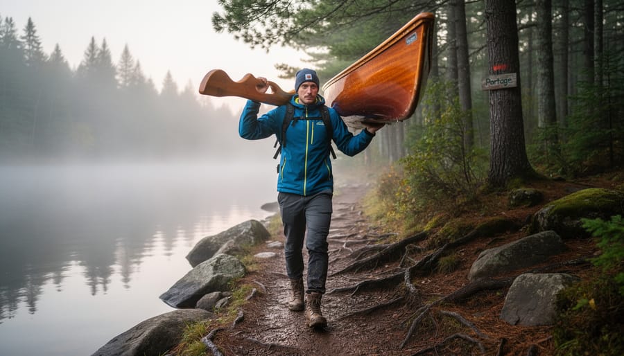 Canoe and portage yoke near a misty lake and forest portage trail in Ontario