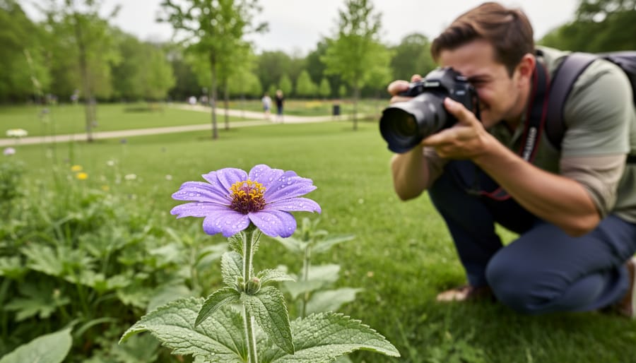 A person crouching in an Ontario forest photographing a native flowering plant with a smartphone