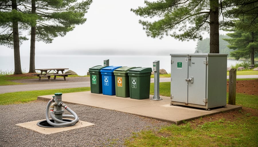Campground waste and recycling stations in an Ontario provincial park with separate bins and a sani-dump setup near the campsite, surrounded by pine trees.