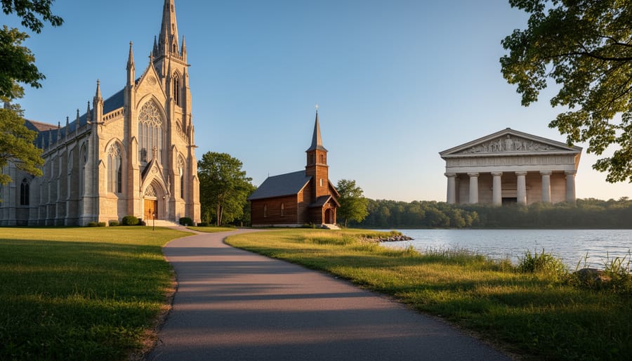 Wide view of Ontario’s historic religious buildings with a hiking path and lake in the background during golden hour light.