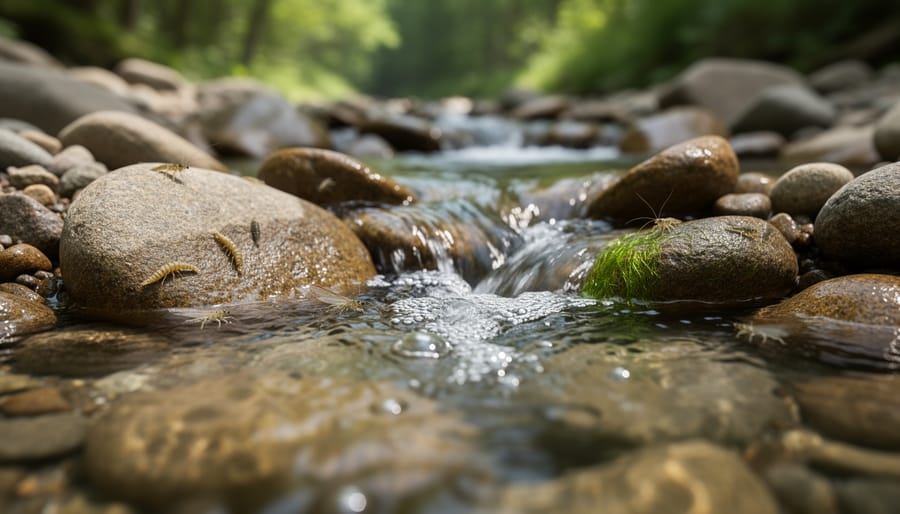 Clear freshwater stream flowing over smooth stones with underwater life visible in shallow water