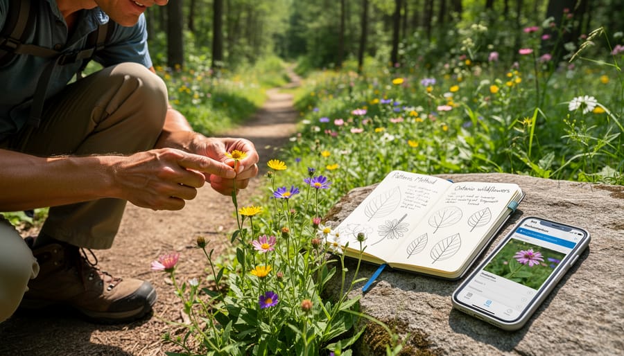 Person kneeling on an Ontario trail with a smartphone camera and field notebook beside native wildflowers.