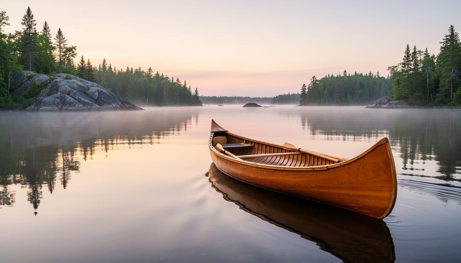 A canoe gliding near an Ontario shoreline with trees and reeds in the distance