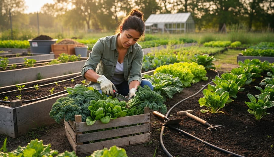 Volunteer harvesting leafy greens in an organic farm garden