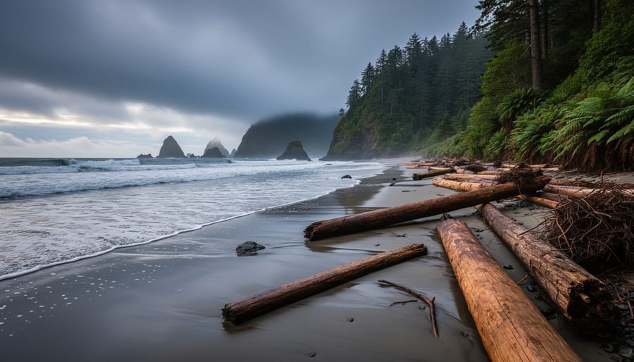 Tide pools and driftwood along a Pacific shoreline in Pacific Rim National Park Reserve under overcast light